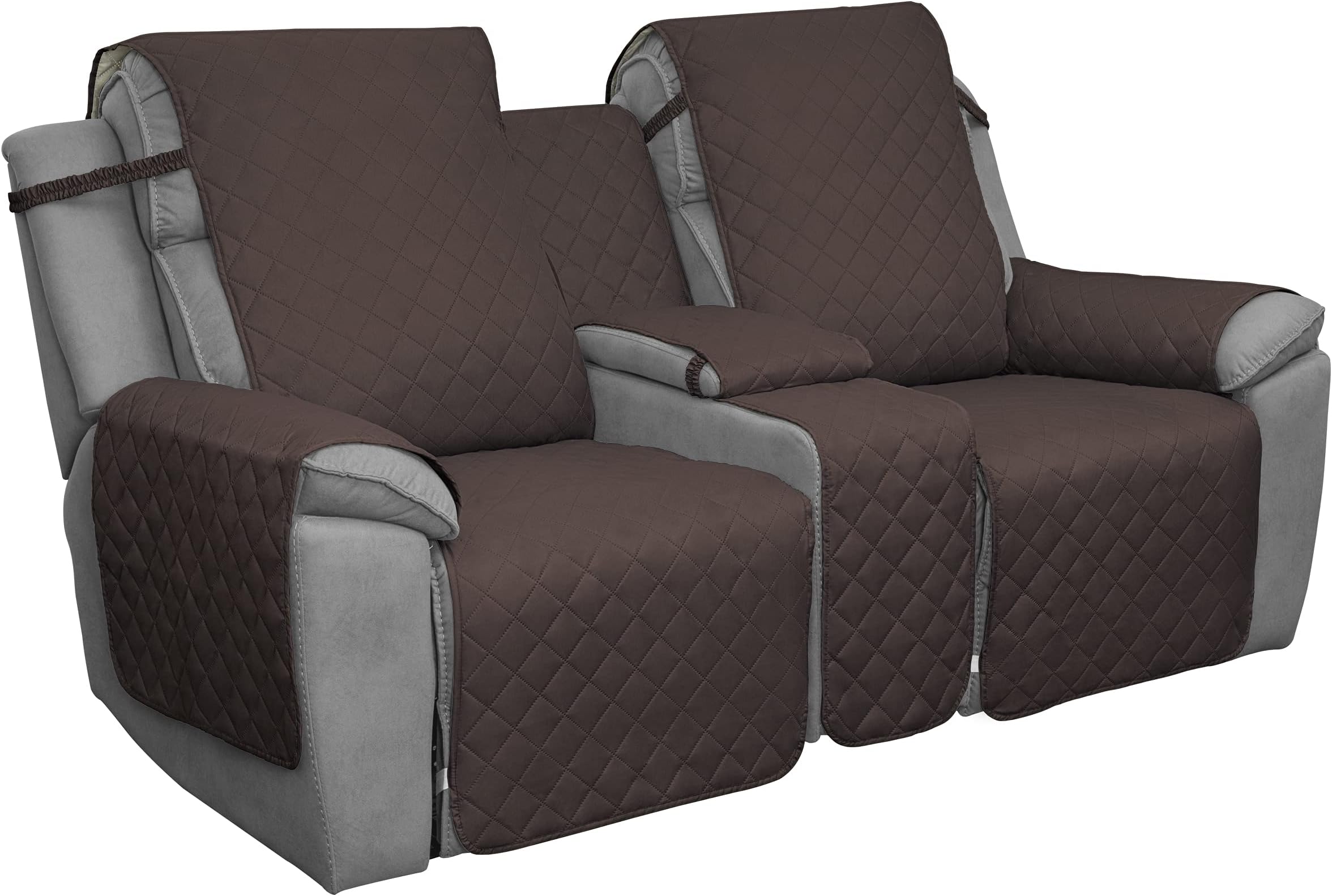Easy-Going Loveseat Recliner Cover with Console, Reversible Couch Cover for Living Room, Split Sofa Cover for Each Seat with Elastic Straps for Kids, Dogs, Pets(2 Seater, Chocolate/Beige)
