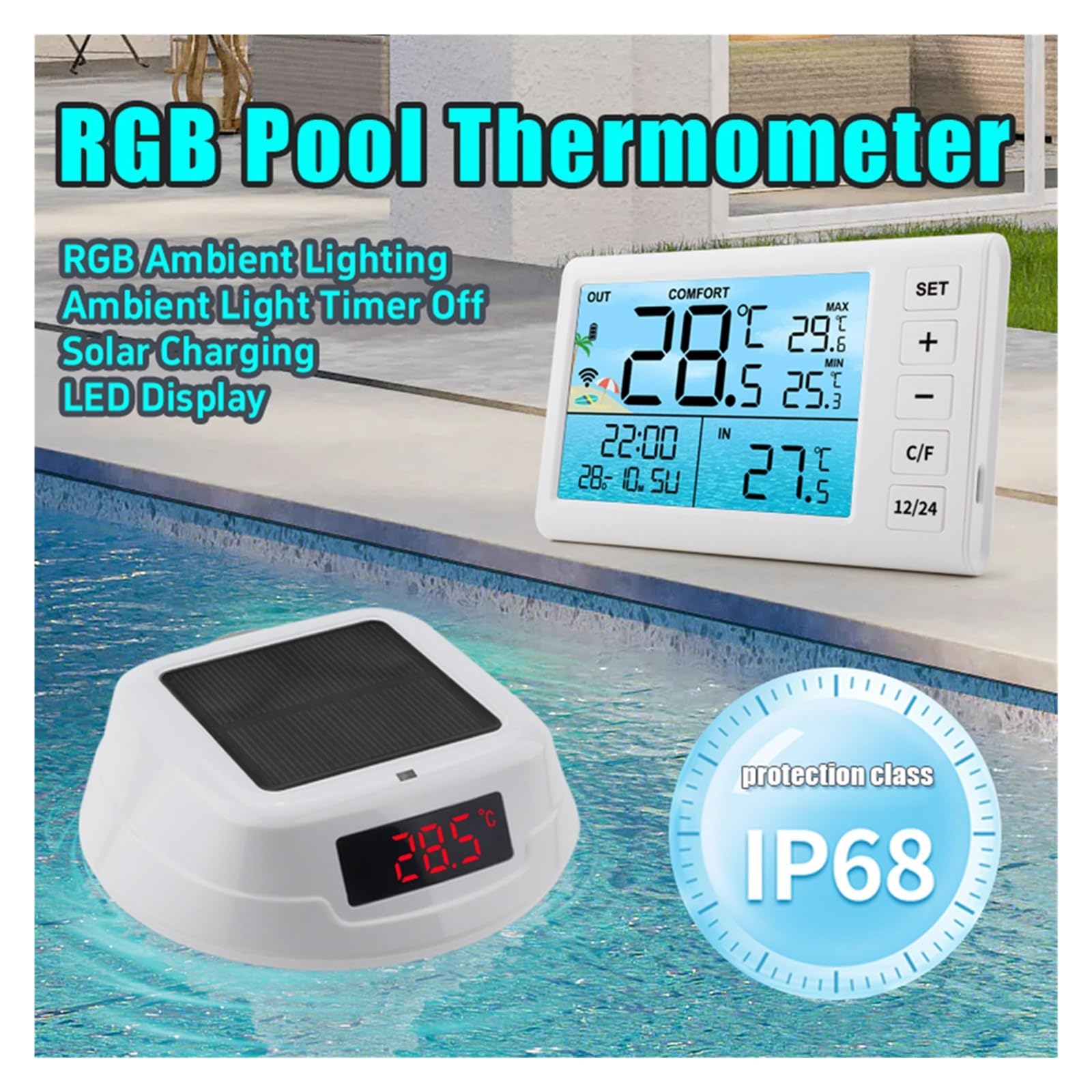 Termometro Digitale Solare Wireless for Piscina, misuratore di Temperatura for Il Nuoto con luci RGB dinamiche, Timer e Schermo LED.(White)