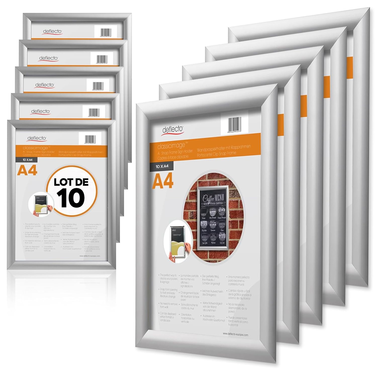 Deflecto A4 Snap Frame Silver - Pack of 10 Elegant Aluminium Clip Frame for Wall Display - Certificate and Poster Holder with Front Opening Clips