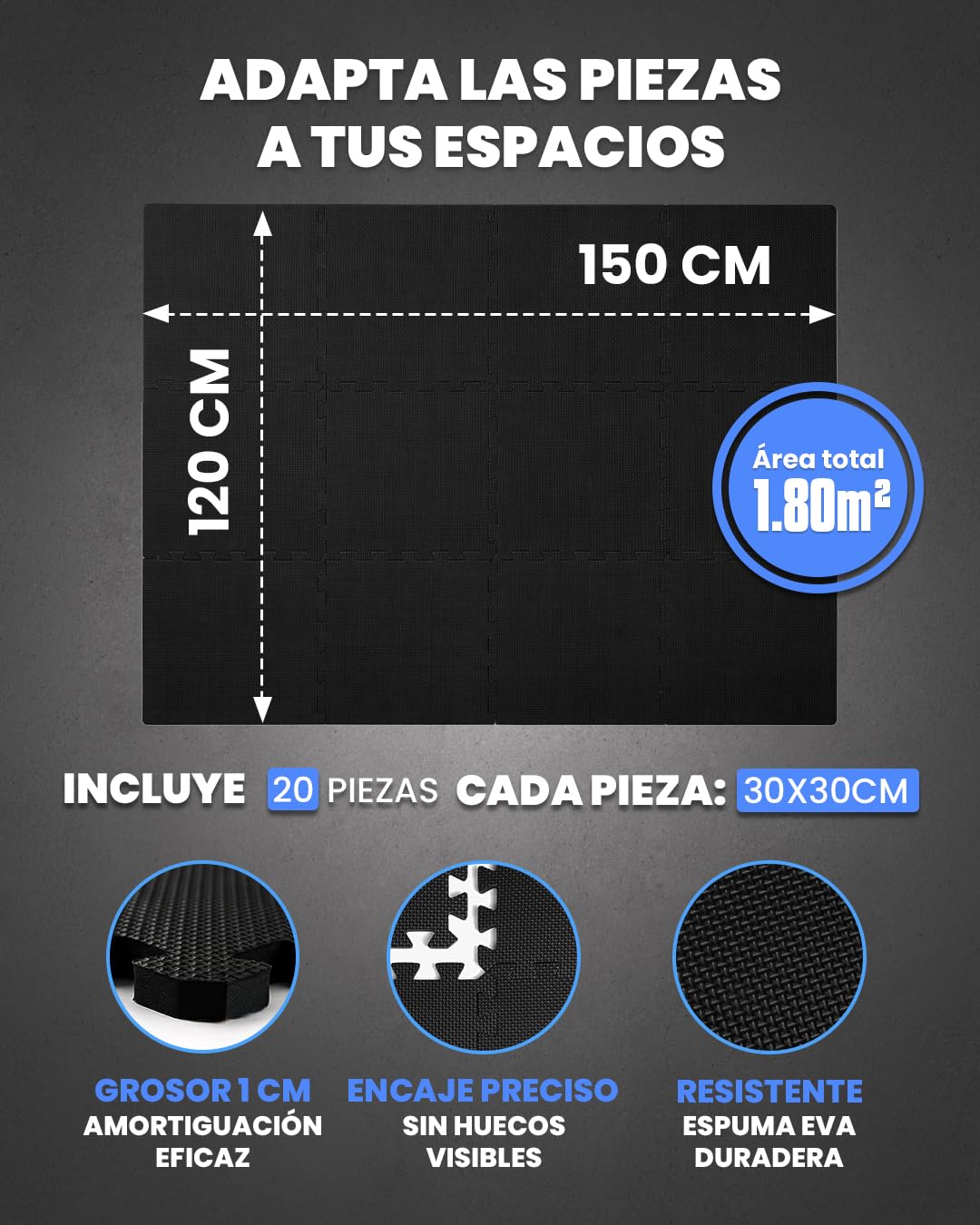 unycos - Esterilla Fitness Puzzle para Suelo de Gimnasio【30x30x1 cm】 Set de Protección de Espuma EVA, 20 Piezas, Alfombra Expandible, Tatami para Pisos | Impermeable, No Tóxica (Negro I 1,80 m²)