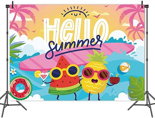 Miniatura 4 de Fondo de fotografía de Hello Summer de 7 x 5 pies, tema de Hawaii, palmera tropical, fruta del océano, dibujos animados, amigos, fiesta de