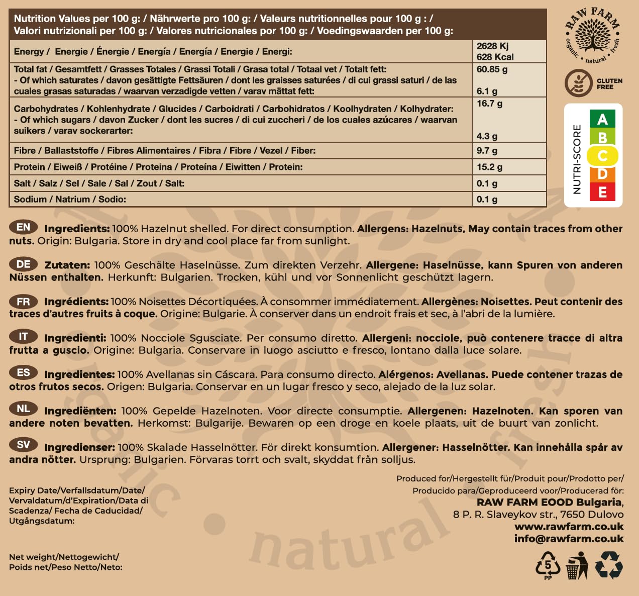 Raw Farm - Avellanas Crudas Enteras - 1kg - Sin Gluten y Sin Soja, Naturales y Nutritivas