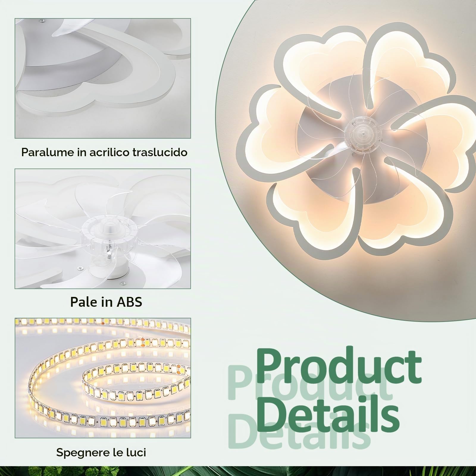 Ventilatore da Soffitto con Luce e Telecomando Silenzioso, Lampadario Ventilatore da Soffitto LED Dimmerabile 6 Velocità 72 W, Plafoniera Creativa a Forma di Fiore in Acrilico con Ventola-White