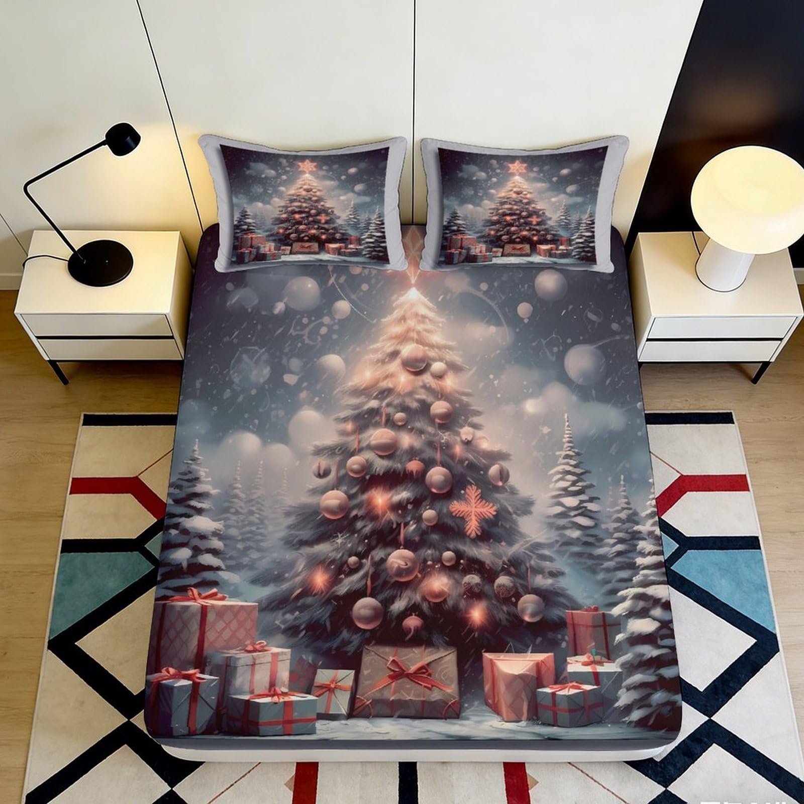 3D Printed Christmas Tree Fitted Sheet Microfiber Soft Decorative Snowy Forest Bed Cover for Bedroom Dorm Mattress Protection 200x200x25cm