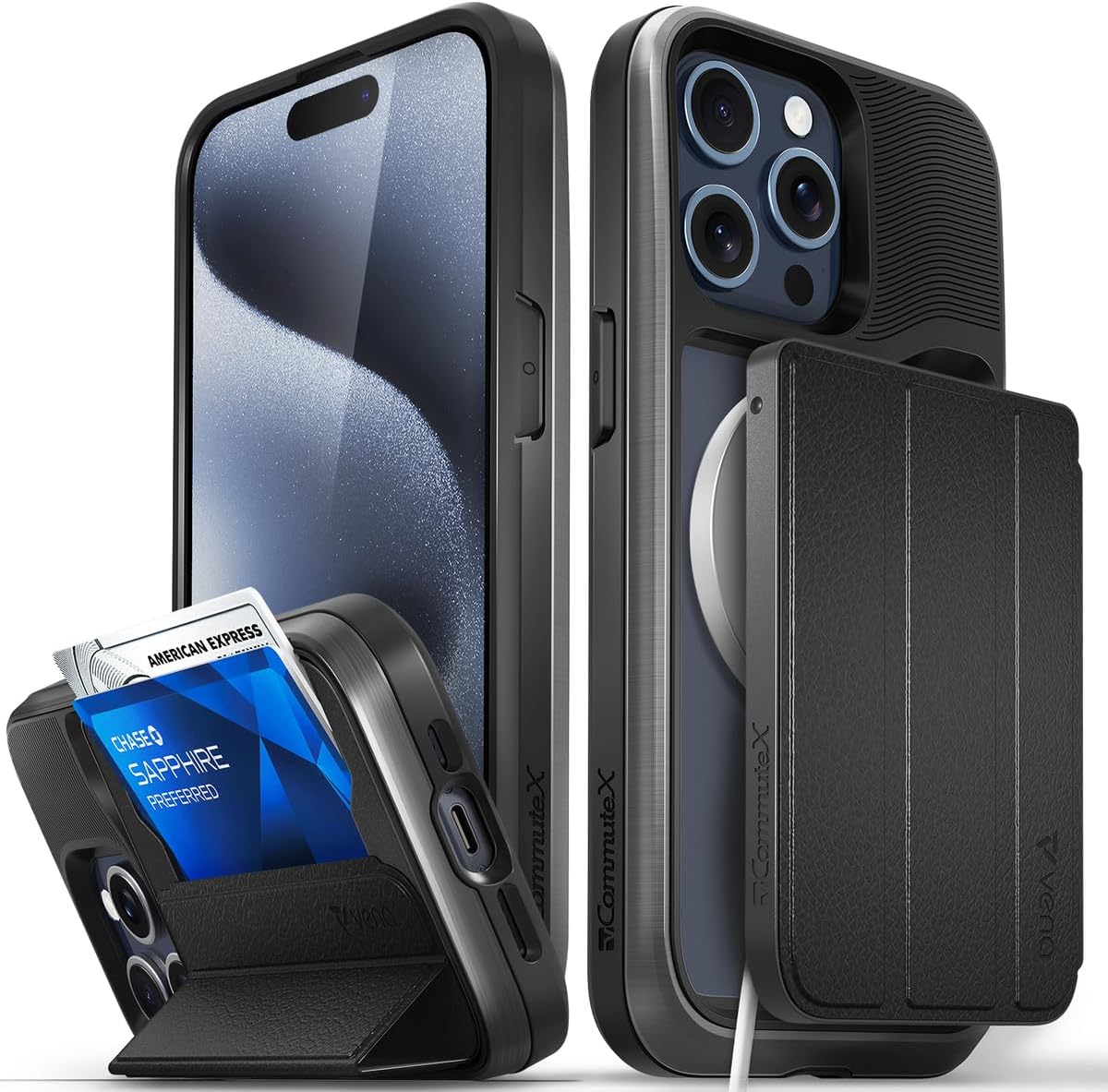 VENAvCommuteX for iPhone 15 Pro Max Wallet Case (MagSafe Compatible), [Military Grade Drop Protection] Detachable Leather Cover Slot Card Holder with Kickstand - Black