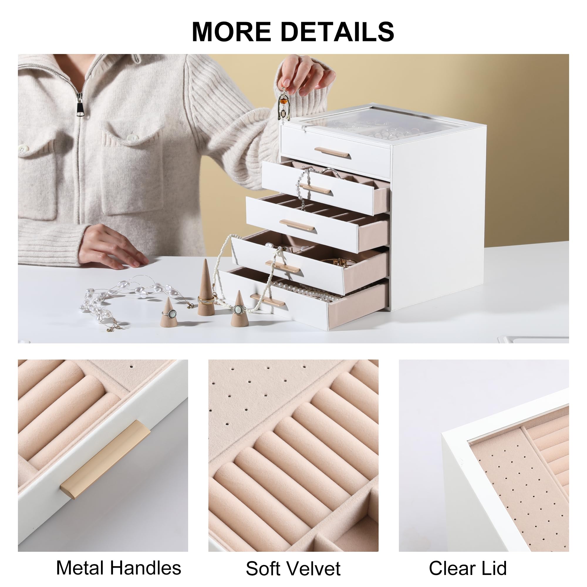 Joyero con tapa transparente, organizador de joyas de 5 capas con cajón, organizador de joyas de piel sintética y almacenamiento, cajas de joyería para mujeres, almacenamiento de joyas para 5