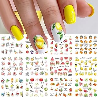 Fruit Nail Art Stickers Decals Summer Colorful Fruit Water Transfer Nail Decals Watermelon Strawberry Lemon Orange Design Summer Nail Decorations Accessories Cute Acrylic Nail Stickers for Nail Art
