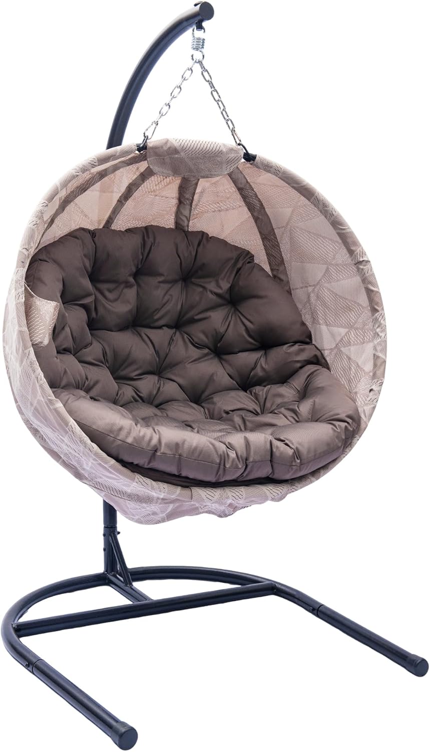 Hanging Egg Chair with Stand - Hanging Ball Chair W/Plush Cushions,Weather-Resistant Fabric, Indoor Outdoor Foldable Swing Chair for Patio, Balcony, Yard & Living Room (Brown & White)