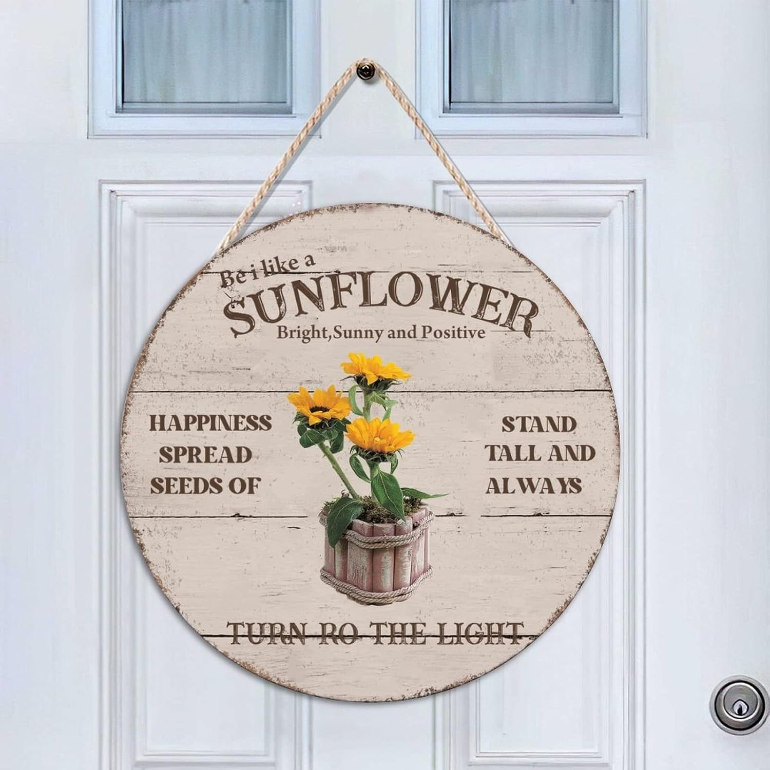 Sunflower Front Door Sign, Happiness Wood Door Sign, 16x16in Floral Wall Door Hanging Sign for Front Door Entryway Porch Bar Pub Farewell Party Housewarming Gifts