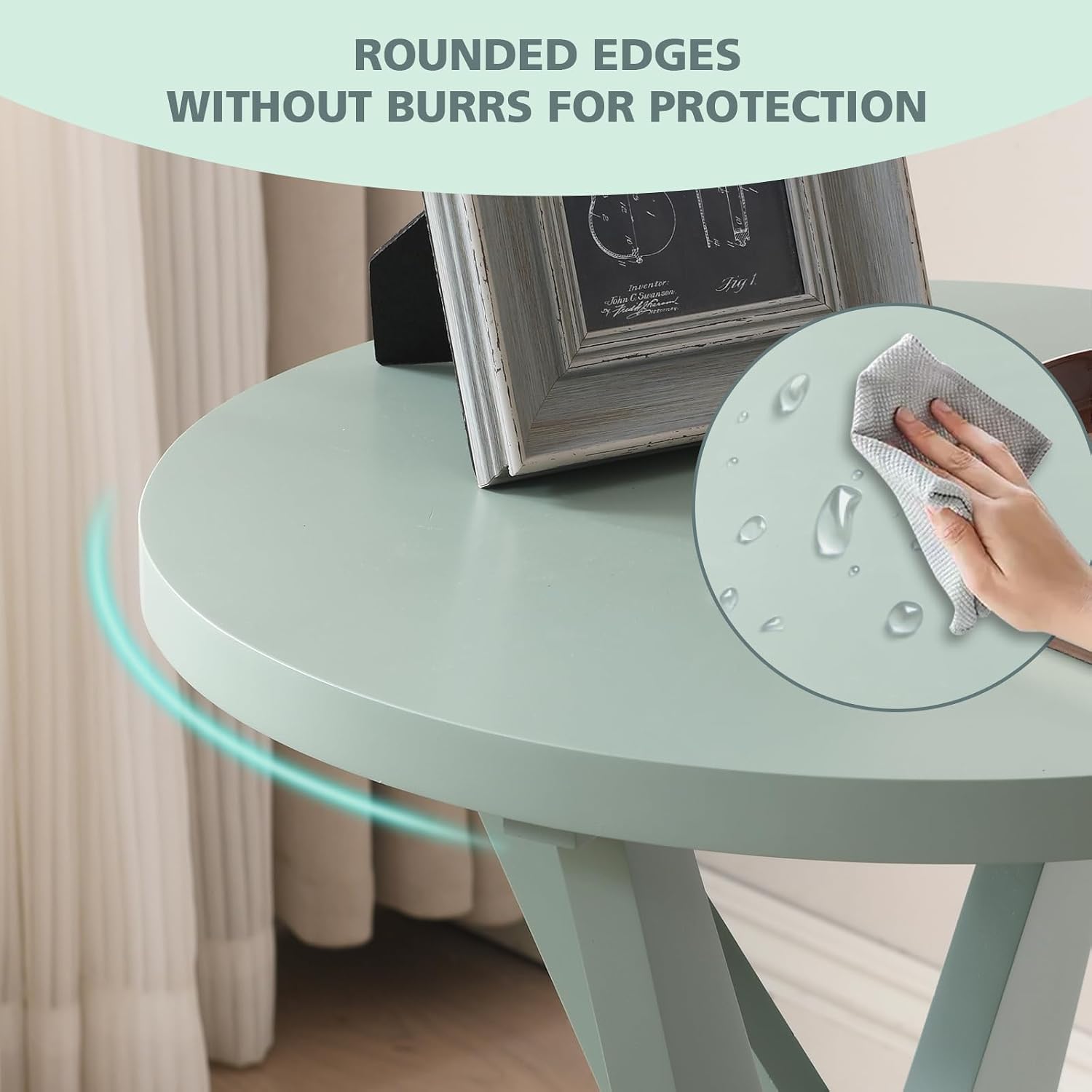 Close-up of the table's rounded edges, emphasizing safety and smooth finish.