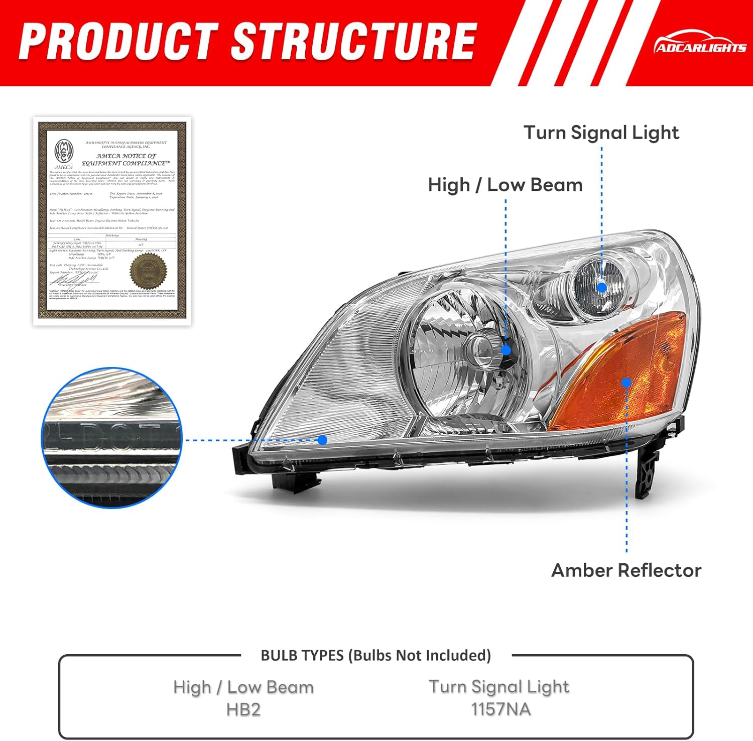 Headlight Compatible with Honda Pilot 2003 2004 2005 Chrome Housing Amber Reflector Replacement Pair (Chrome Housing Amber Reflector Clear Lens)（W/O Bulbs）