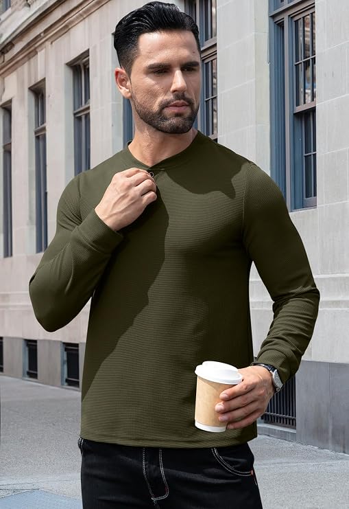 KUYIGO Mens Slim Fit Henley Shirts Waffle Knit Button Casual T Shirt Tops