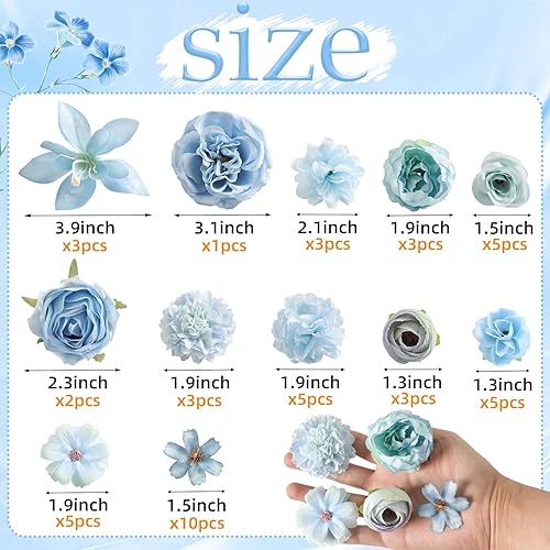 Miniatura 2 de Cabezas de flores artificiales para manualidades - Rosas de seda azul artificial, peonías, margaritas y cabezas florales mini a granel (paquete de