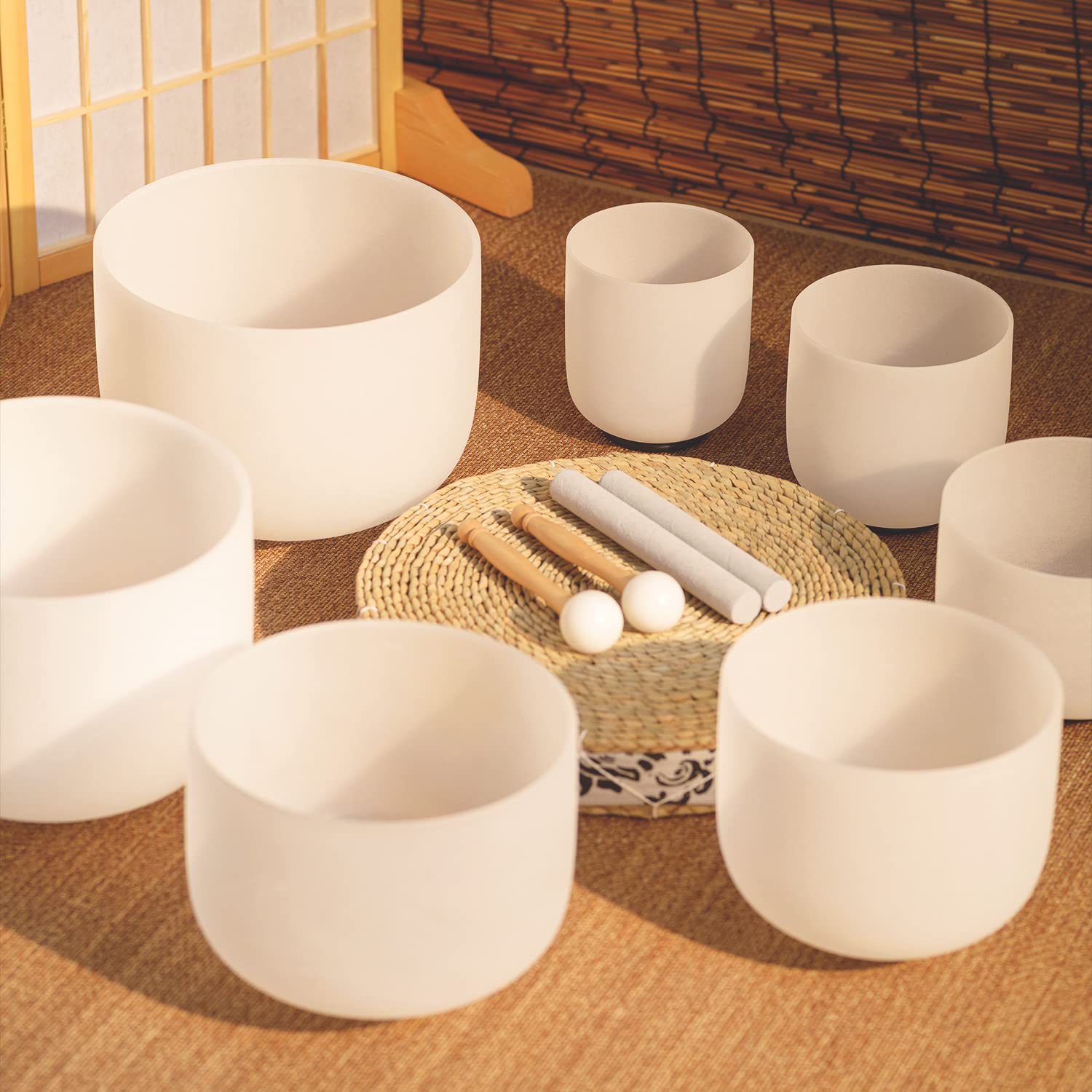 KVKA7-12 inch Set of 7pcs Chakra Frosted Quartz Crystal Singing Bowl With 2 Carrying Case