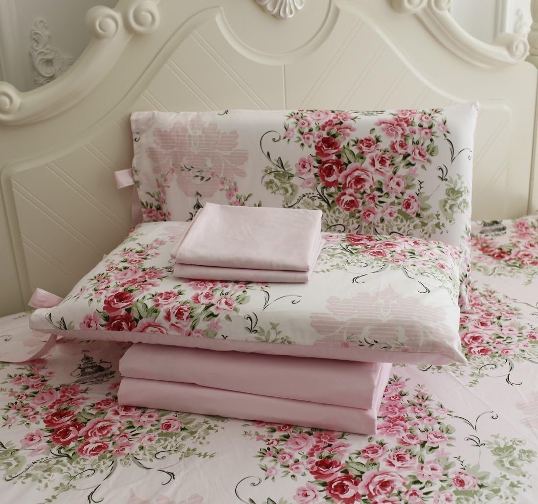 FADFAY Shabby Floral Bedding Set Queen Size Sheet Set 4 Piece Premium 100% Cotton Pink Rose Pattern :1 Deep Pocket Fitted Sheet, 1Flat Sheet, 2 Pillowcases (Standard Size)