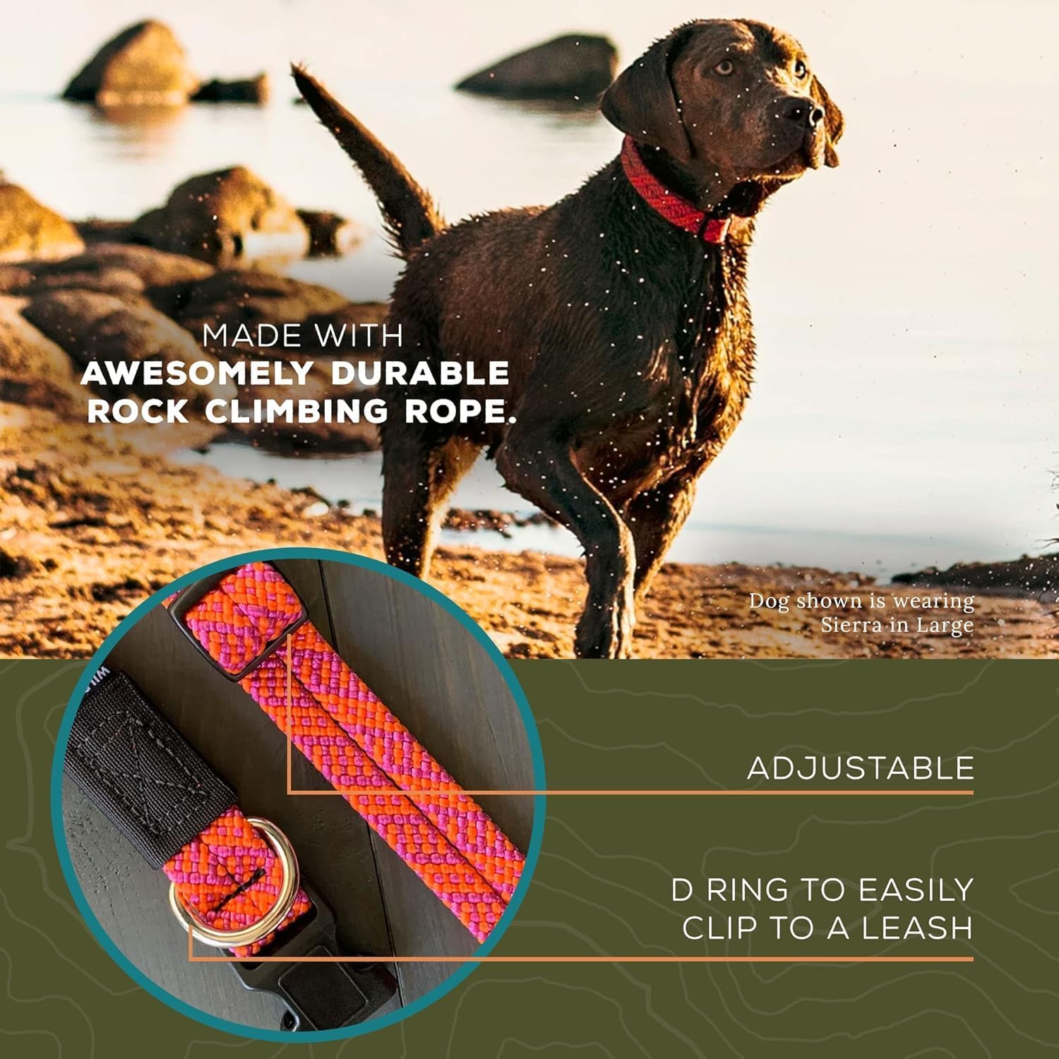 Wilderdog Climbing Rope Dog Collar - Outdoor Durable Climbing Rope Design with Heavy-Duty Secure Hardware for Safety - Adjustable to fit 17"-24" Around with a 1" Band - Large - Sierra