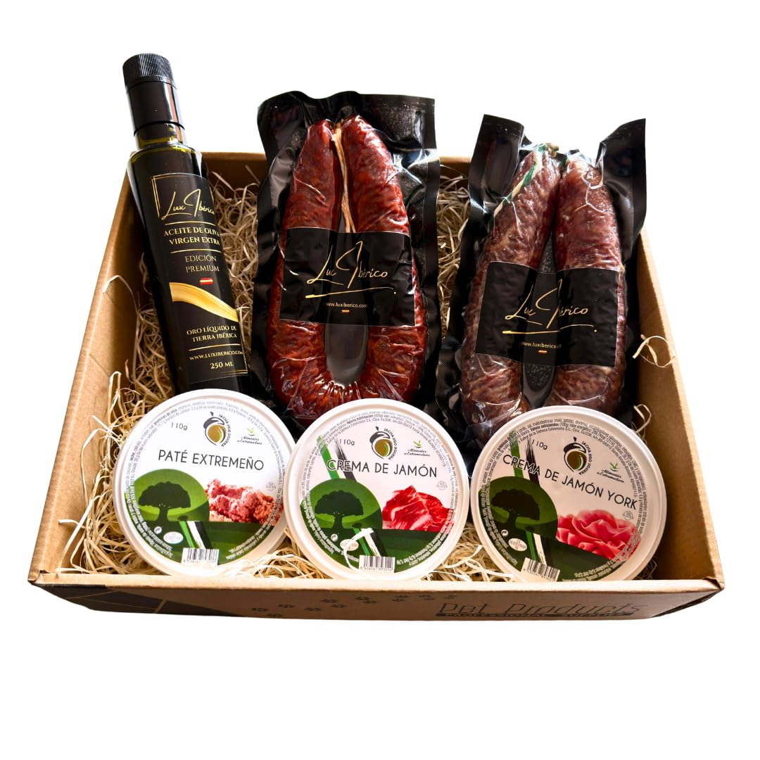Cesta Regalo Galileo - Embutidos, Patés Extremeños y Aceite de Oliva | Chorizo y salchichón ibérico, tres patés extremeños y aceite de oliva virgen extra. Aperitivo variado listo para regalar.