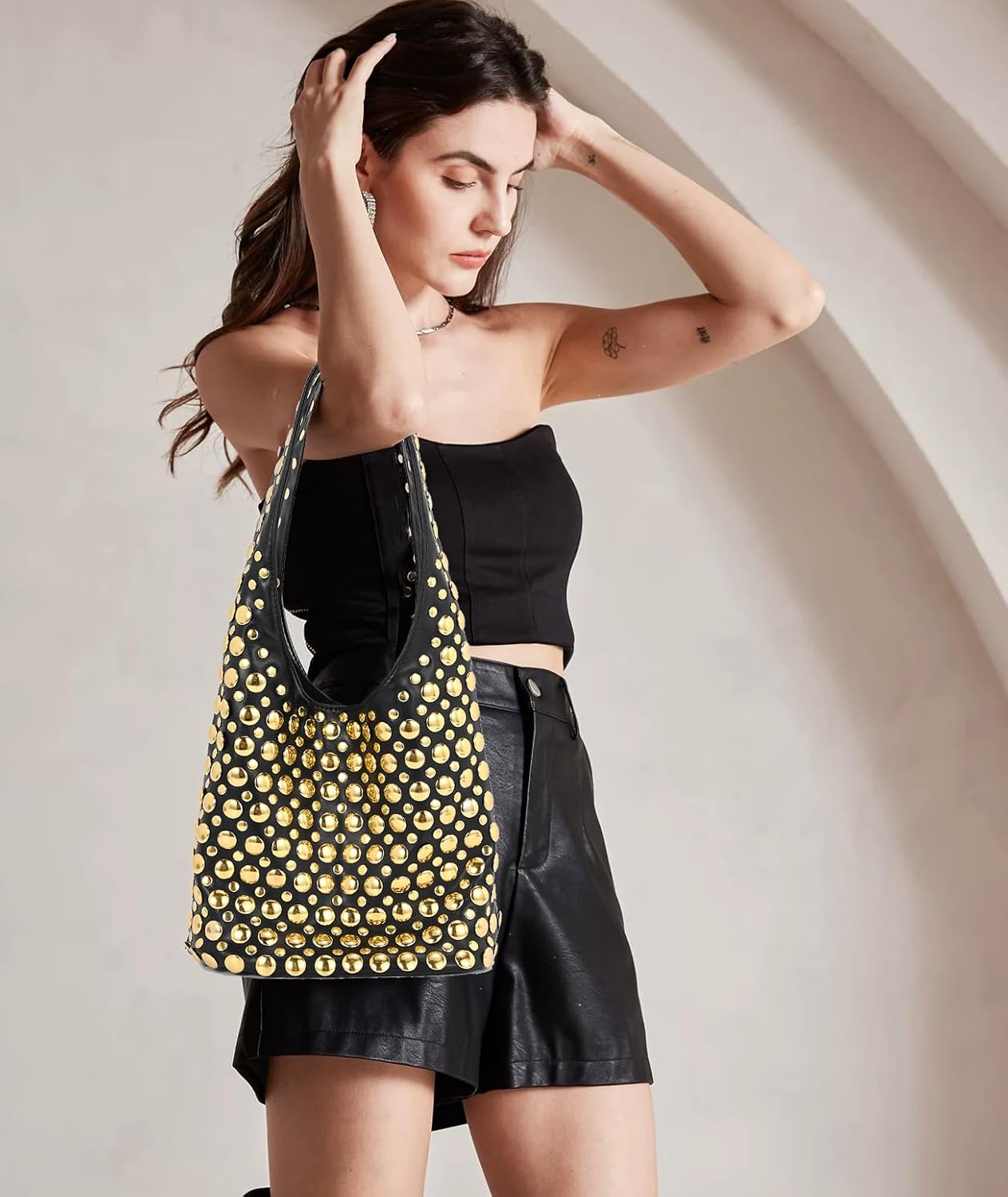 Stylish Studded Hobo Bag Y2K Rivets Bucket Purse for Women Trendy Small Shoulder Tote Handbag