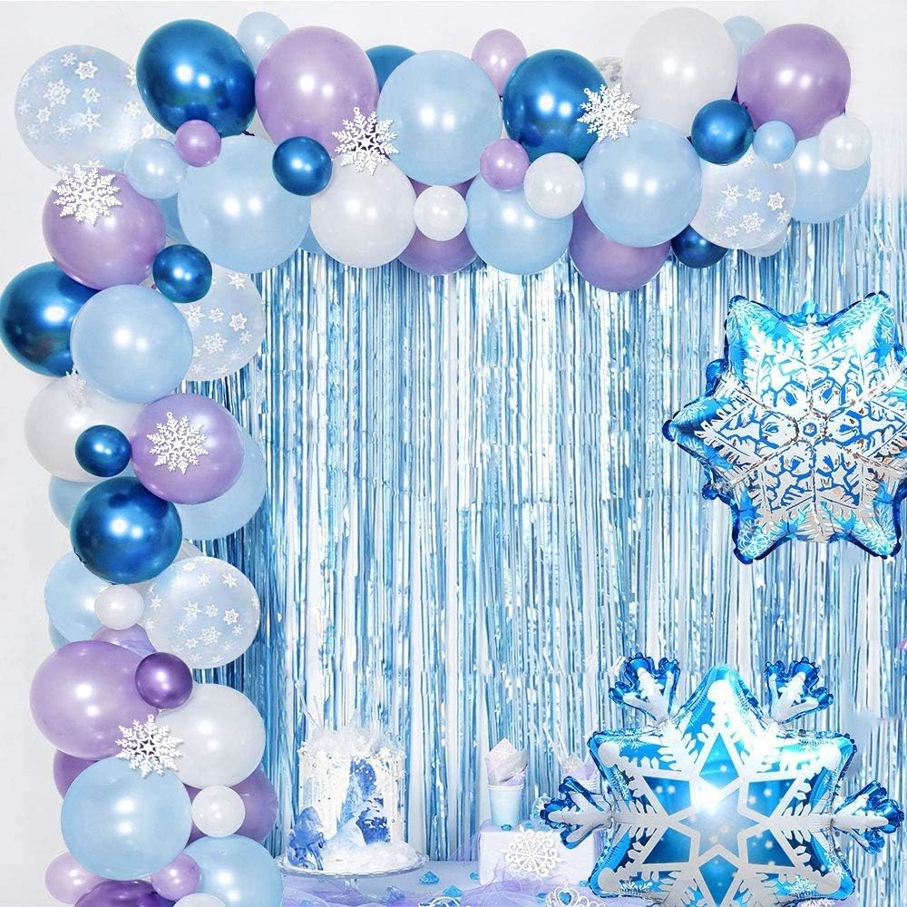 Wonderland Birthday Party Balloon Arch, Winter Theme Decoration, Metallic Latex Foil Balloons Snowflake Garland, with Balloon Strip Tape Ribbon for Girls Baby Shower Christmas (78pcs) (Garland)