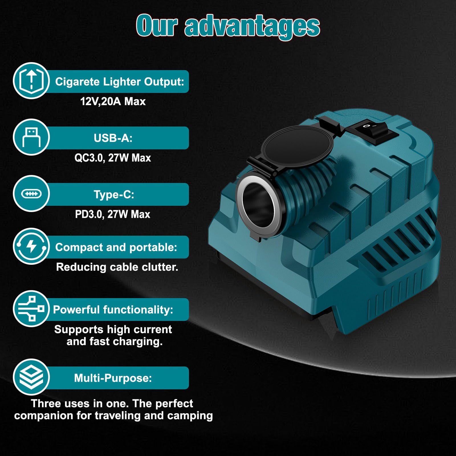 Adaptador de encendedor de cigarrillos, convertidor reductor de 18 V a 12 V para Makita LXT BL1815, BL1815B, BL1820, BL1820B, BL1830, BL1830B, BL1840, BL1840B, BL1850