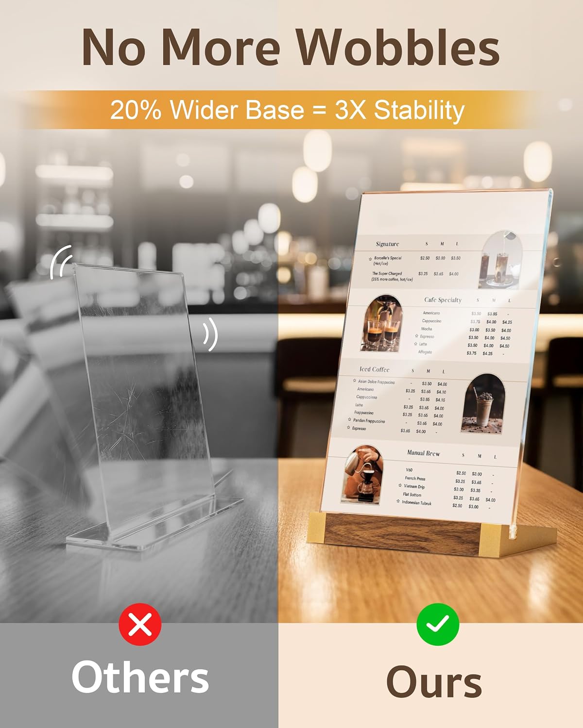 Acrylic Sign Holder 8.5 x 11 Inch with Walnut Wood Base, 1 Pack Clear Table Sign Holders for Tabletop Menu & Flyer Stand, Commercial Table Frames for Restaurant, Office, Coffee, Bar, Wedding, Hotel image 2