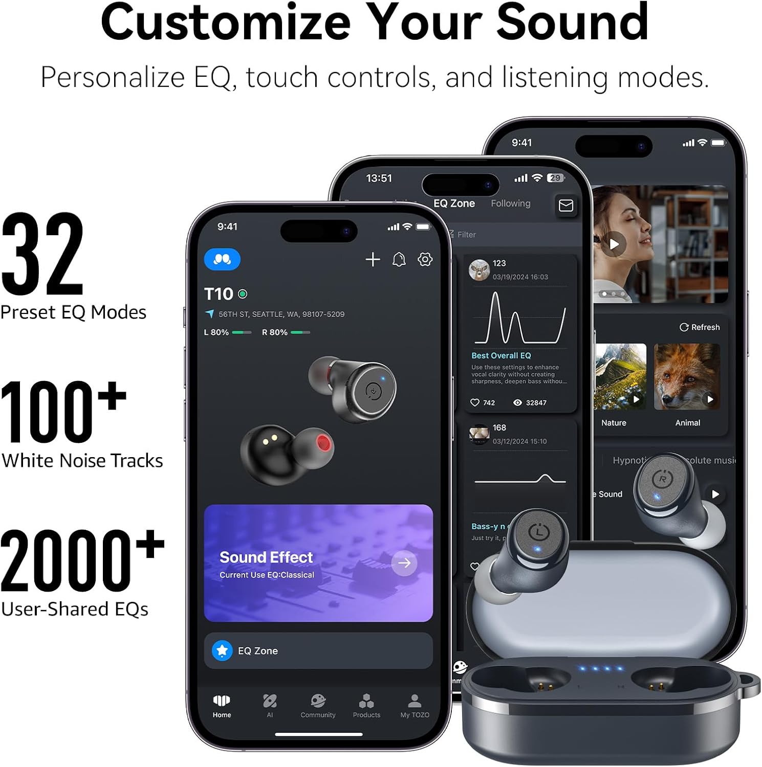 TOZO T10 Wireless Earbuds Powerful Bass Stereo Wireless Charging, APP, IPX8 | Waterproof, 55H Playtime, Ergonomic Design In Ear buds, App Customize EQ, Bluetooth 5.3 Headphones for Work, Office, Travel Matte Blue thumbnail 6