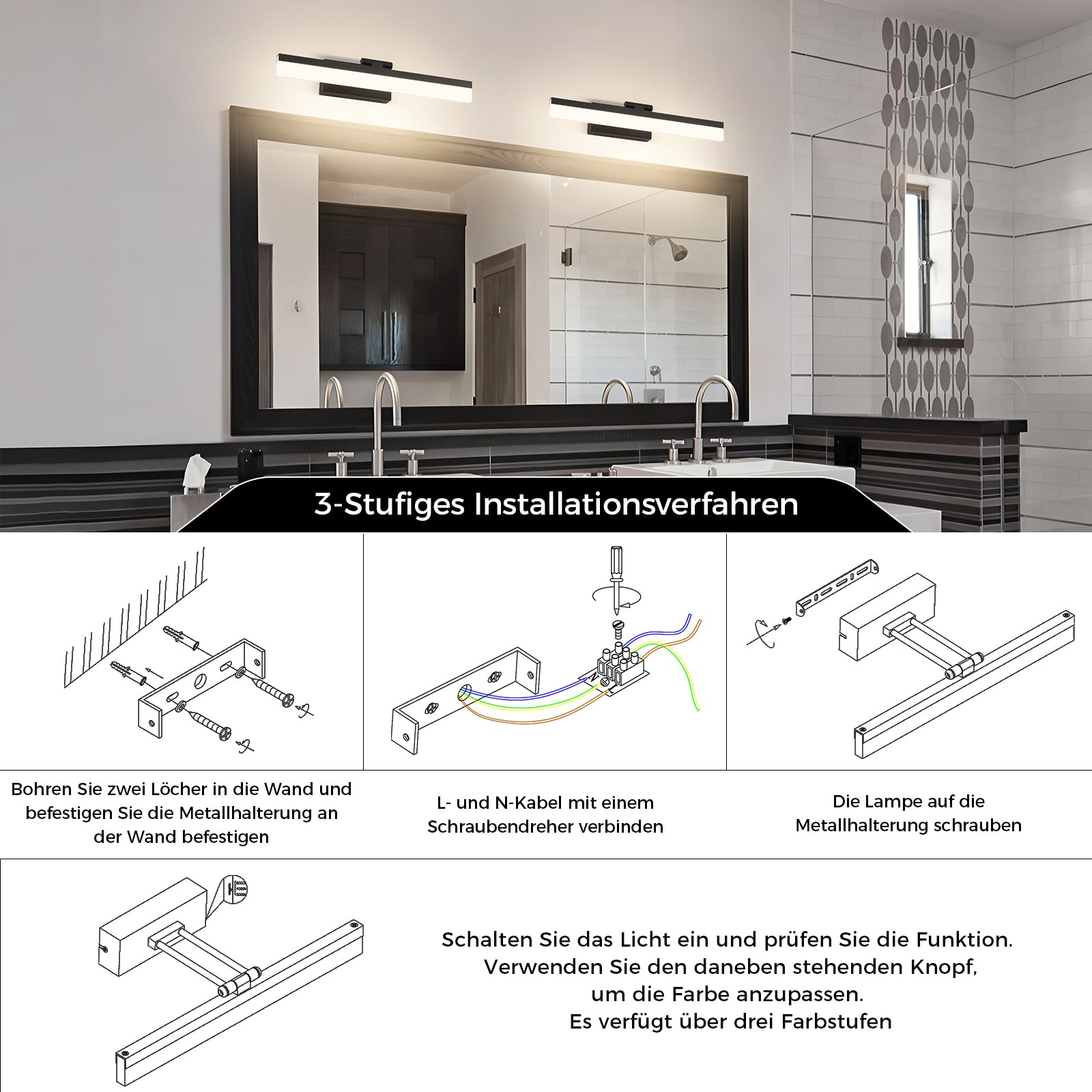 LED Spiegelleuchte Badezimmer 40.5cm, Dimmbare Badezimmer Wandleuchte IP20, 9W 510 Lumen Spiegelleuchte Lampe Badezimmer, Badezimmerleuchte Wand Aluminium, 3CCT, Schwarz [Energieklasse G]