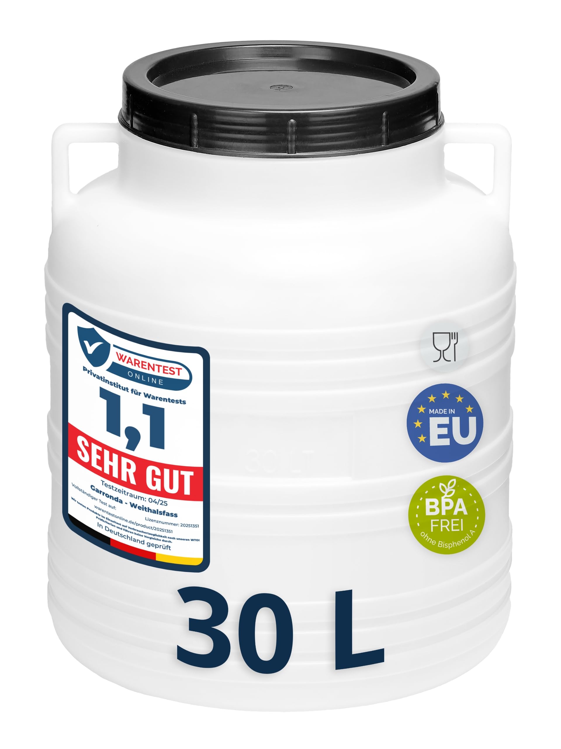 Garronda réservoir d'eau de 30 litres, Baril Alimentaire, fût à Large Ouverture en HDPE et sans BPA, tonneau de Jardin, bac à Aliments pour Animaux, conteneur d'eau, tonneau Universel GD-​0078, Blanc