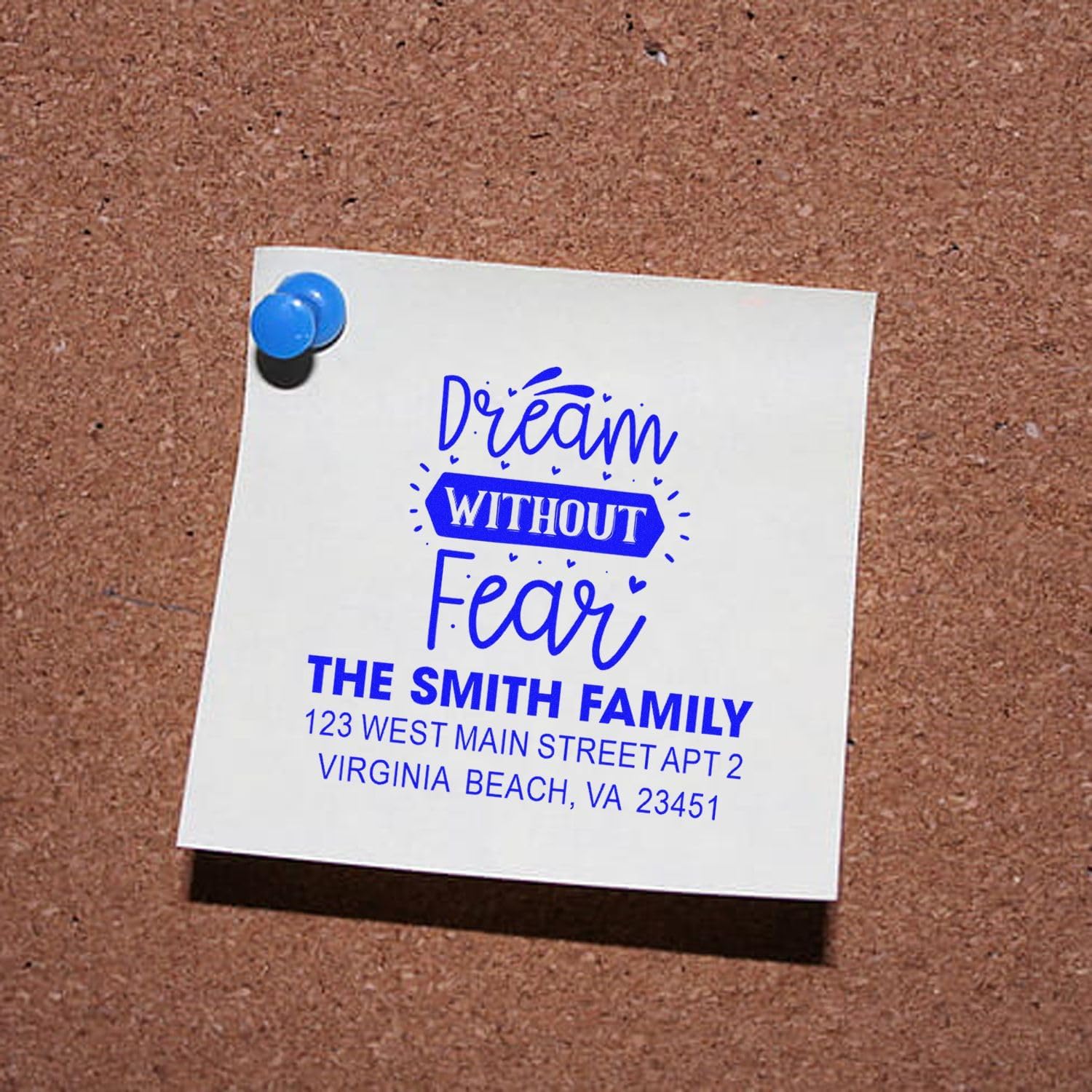 Personalized 3-Line Rubber Stamp with Heart Script Design, Custom Wood Handle, 1-5/8 Square, Ideal for Crafters & Small Business, Fearless Dreaming