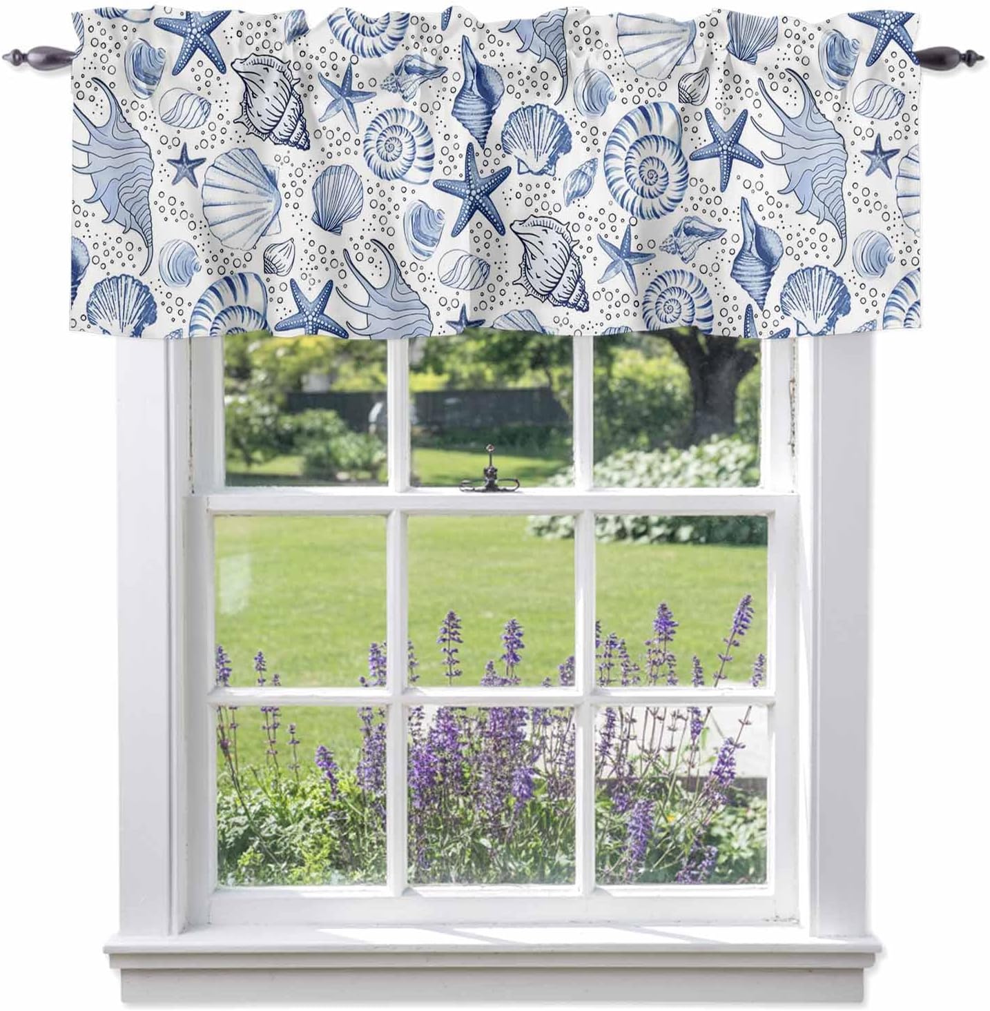 Valance Curtains for Kitchen Windows Navy Blue Starfish Conch Shell Seamless Rod Pocket Valance Summer Ocean Bubbles Short Window Curtain Topper for Bedroom Living Room Bathroom 54x18in,1 Panel