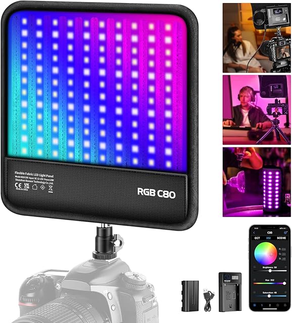 NEEWER RGB LED Video Light Panel Lighting Kit with APP/2.4G Control, 360° Full Color, Foldable Flexible RGB C80 LED Panel 2500K~8500K CRI97+ On-Camera Video Light for Photo Video Photography