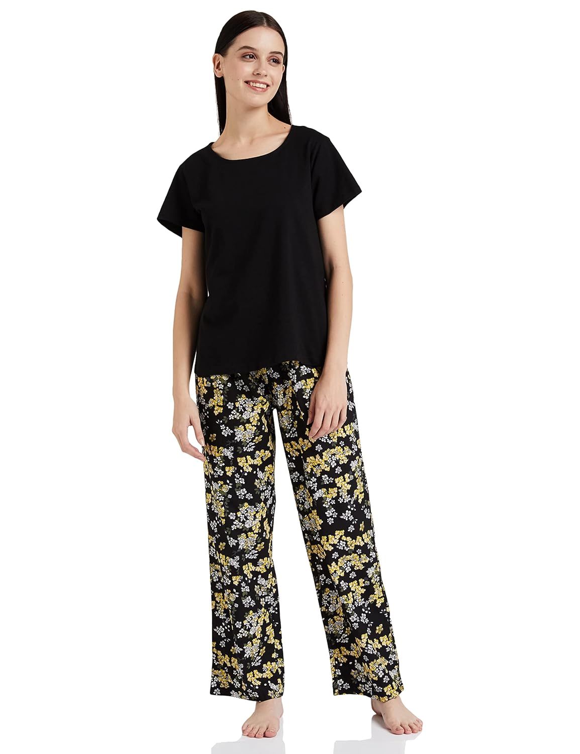 Amazon Brand – Myx Women’s Cotton T-Shirt and Rayon Pajama Night Suit Set for Comfortable Lounging