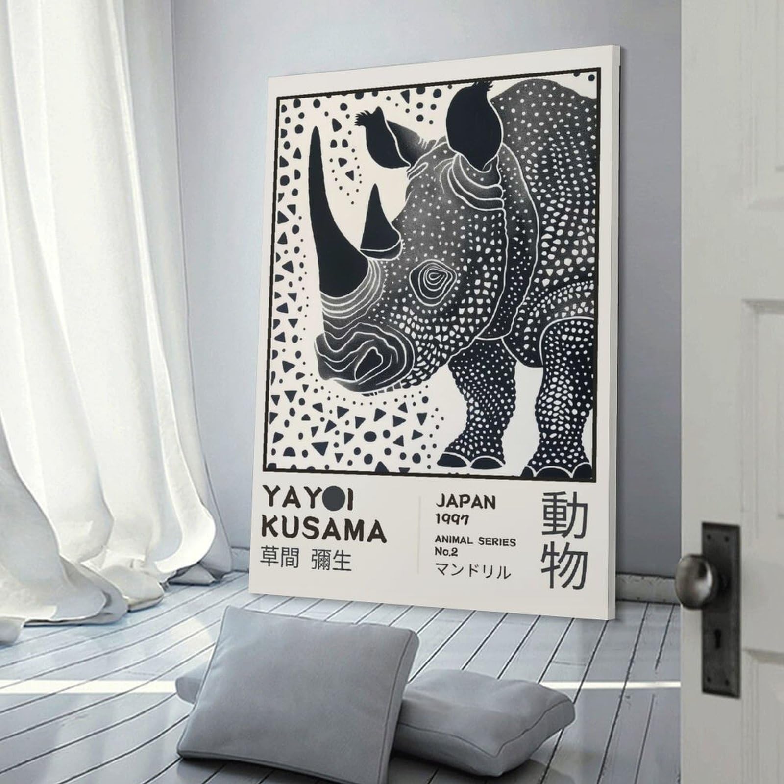 Junmoney Frame-Style-17 Hanging Wall Art Yayoi Kusama Rhino No.2 Exhibition Poster, 12X18inch(30X45cm), For Gallery Wall Layouts In Home Or Office, An Easy Match For Collected Prints