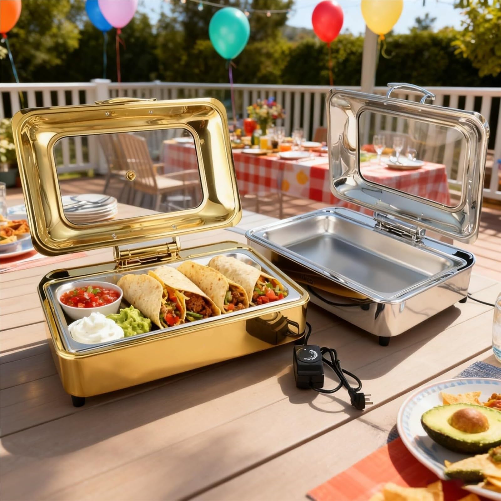 Set scaldavivande e scalda Buffet rettangolari da 9 Litri | Con scaldavivande elettrico in acciaio inossidabile lucidato a specchio, perfetto for le feste(Silver)