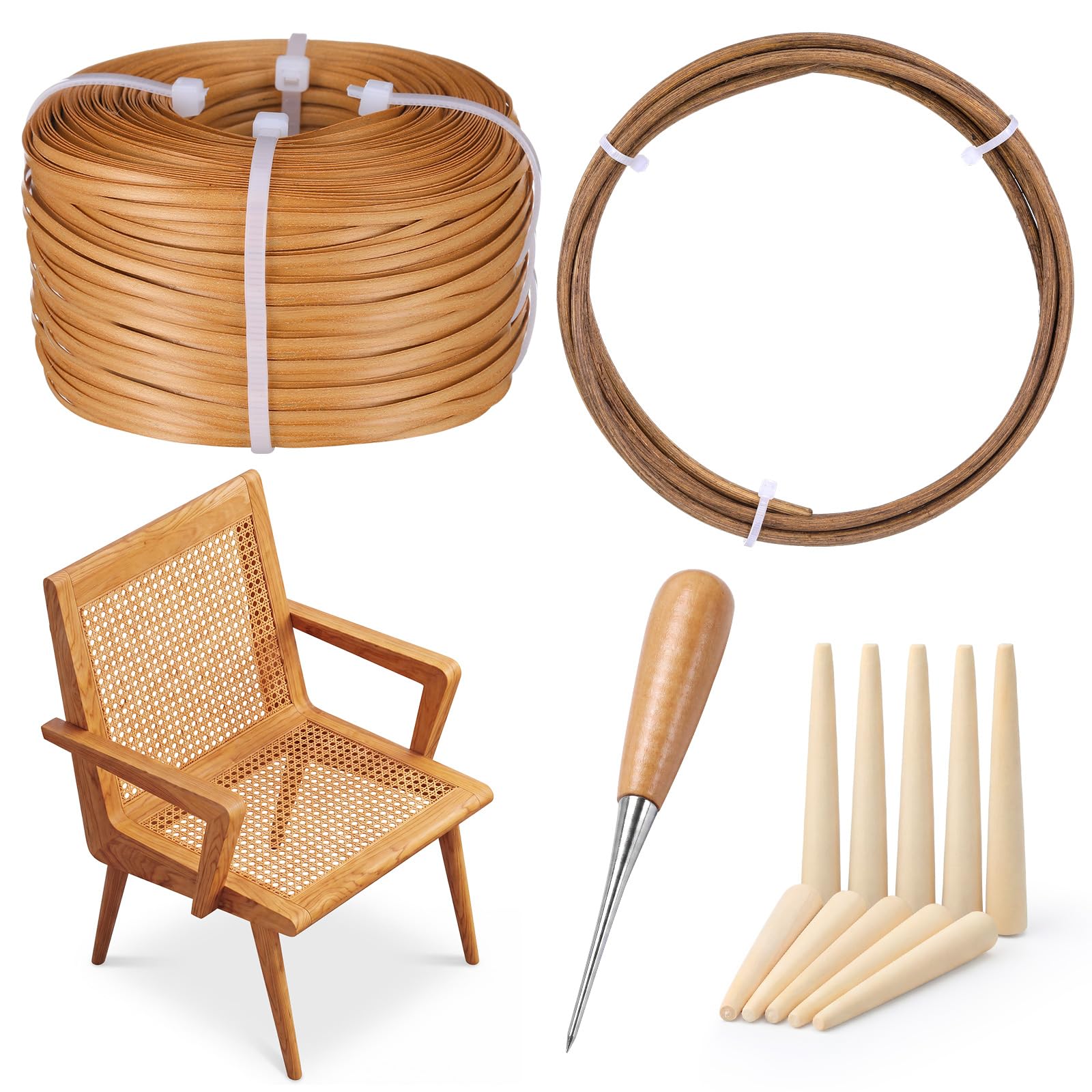 Sieral Rattan Repair Kit, 1 PC 1/10inch x 270ft Flat Cane Webbing Roll, 4/25 Inch x 7.8ft Spline, Caning Chisel and 12 Pcs Wooden Pegs for Chair, Cabinet & Wicker Furniture Restoration (Brown)