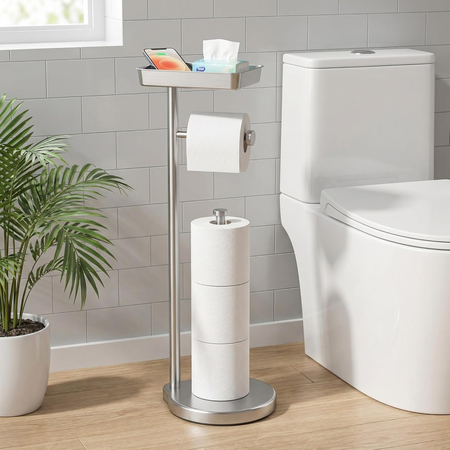 theaoo Toilet Paper Holder Stand with Shelf, Flushable Wipes Dispenser, Free Standing Toilet Tissue Roll Storage Rack Organizer for Bathroom (Silver, Free Standing - with Storage)