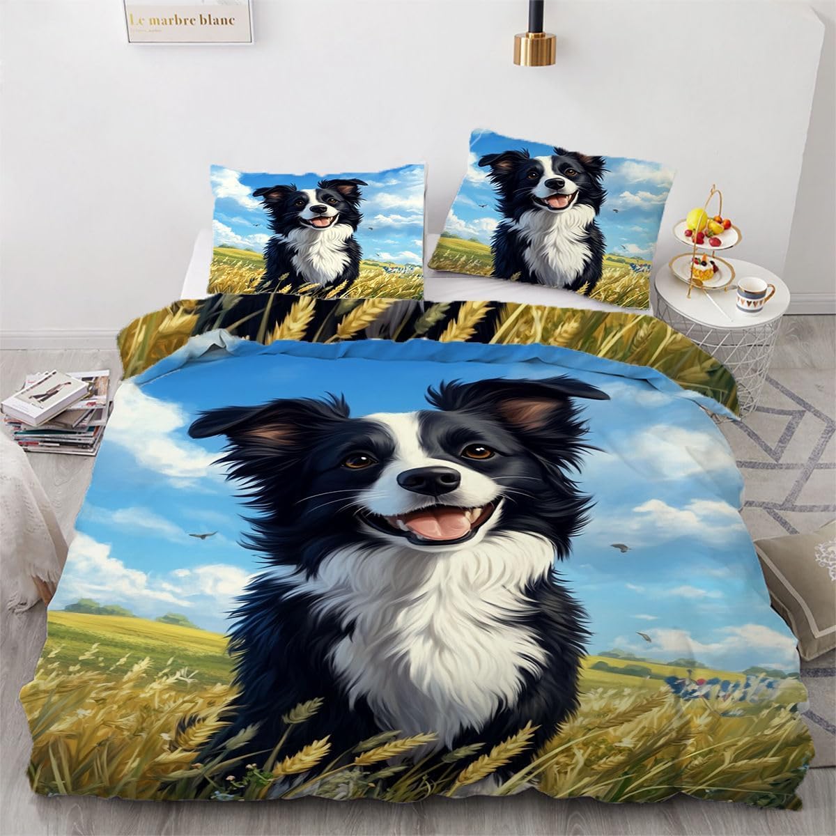 NDXRWDZR Single Bedding Set Border Collie Duvet Cover for Kids Soft Hypoallergenic Microfiber Duvet Cover with Zipper Closure, 1 Duvet Cover 135x200 cm + 2 Pillowcases 50x75 cm