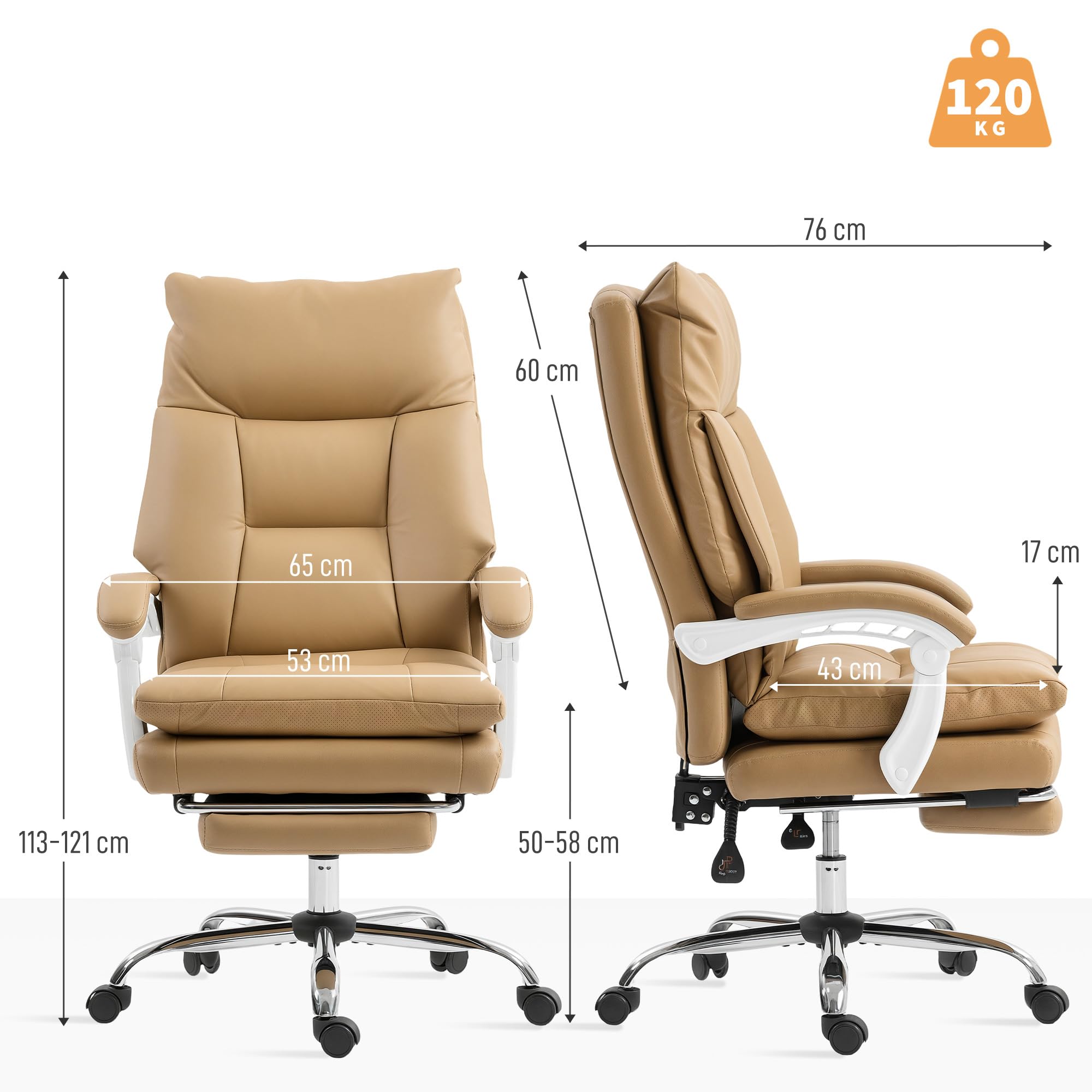 HOMCOM Executive Office Chair, PU Leather Desk Chair with Footrest, Quiet Swivel Wheels, Reclining Backrest, High Back, Height Adjustable, for Home, Light Brown