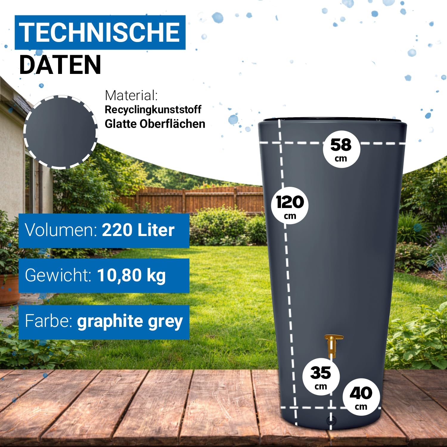 4rain Vaso 2in1 Regentonne 220 Liter Graphite Grey inkl. Kunststoff-Auslaufhahn und Fallrohranschluss - schlanke Regentonne für den Garten - modernes Design mit Pflanzschale und klarer Gestaltung
