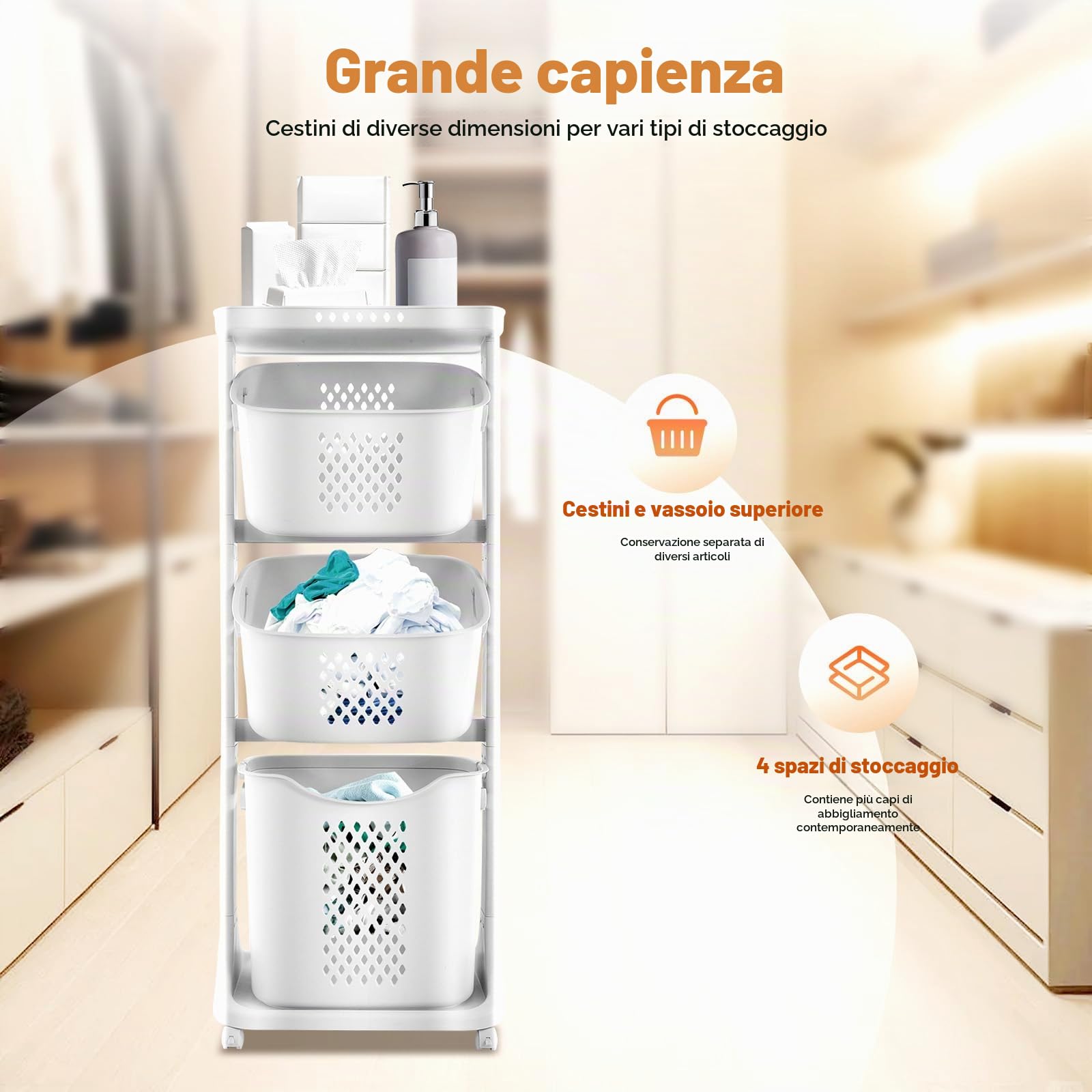 Cesto portabiancheria su rotelle, con 3 scomparti, in polipropilene, per vestiti, giocattoli, 43 x 33 x 109 cm, bianco