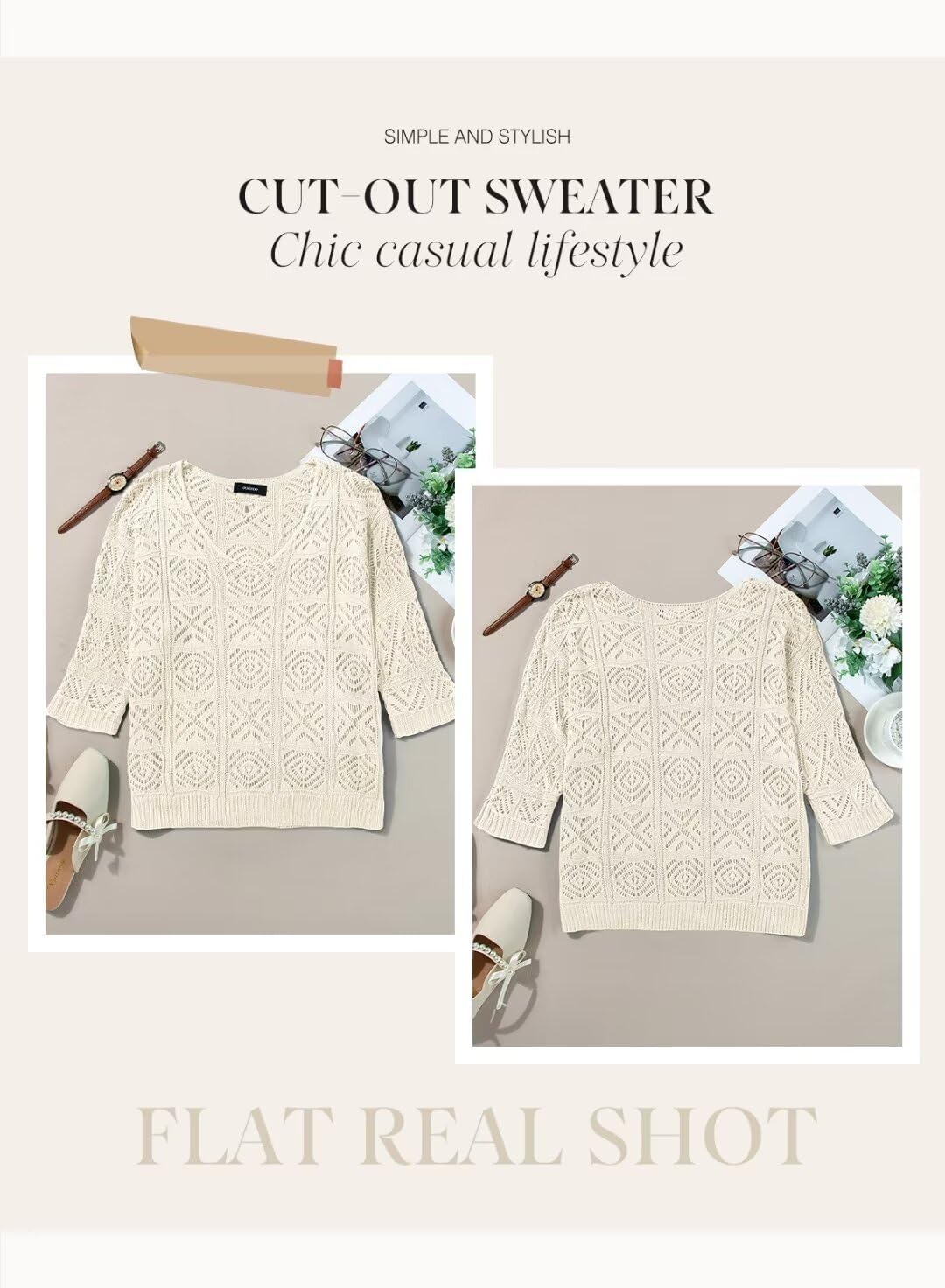 Dokotoo Women's 2026 Spring Summer Crochet Hollow Out 3/4 Sleeve Pullover Sweater Off Shoulder T-Shirts - Image 4