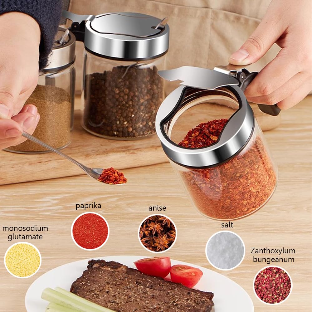Macetas giratorias para condimentos, azucarero, salero y pimentero con tapa y cuchara, juego de 4 tarros de especias con bandeja giratoria de 360 grados para cocina, 3 ollas + 1 dispensador de