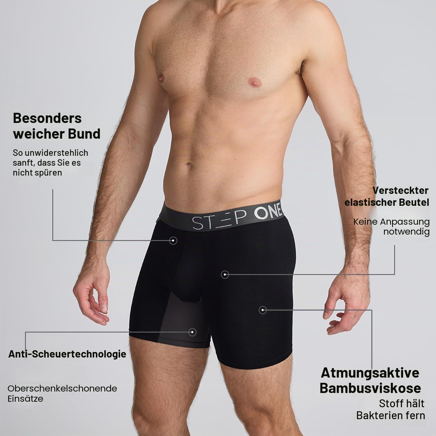 STEP ONE Boxershorts Herren - 5er Pack Feuchtigkeitsabweisende Unterhosen Männer, Herren Unterhosen Boxershorts mit 3D Tasche + Scheuerschutz, Organische Bambus Unterwäsche