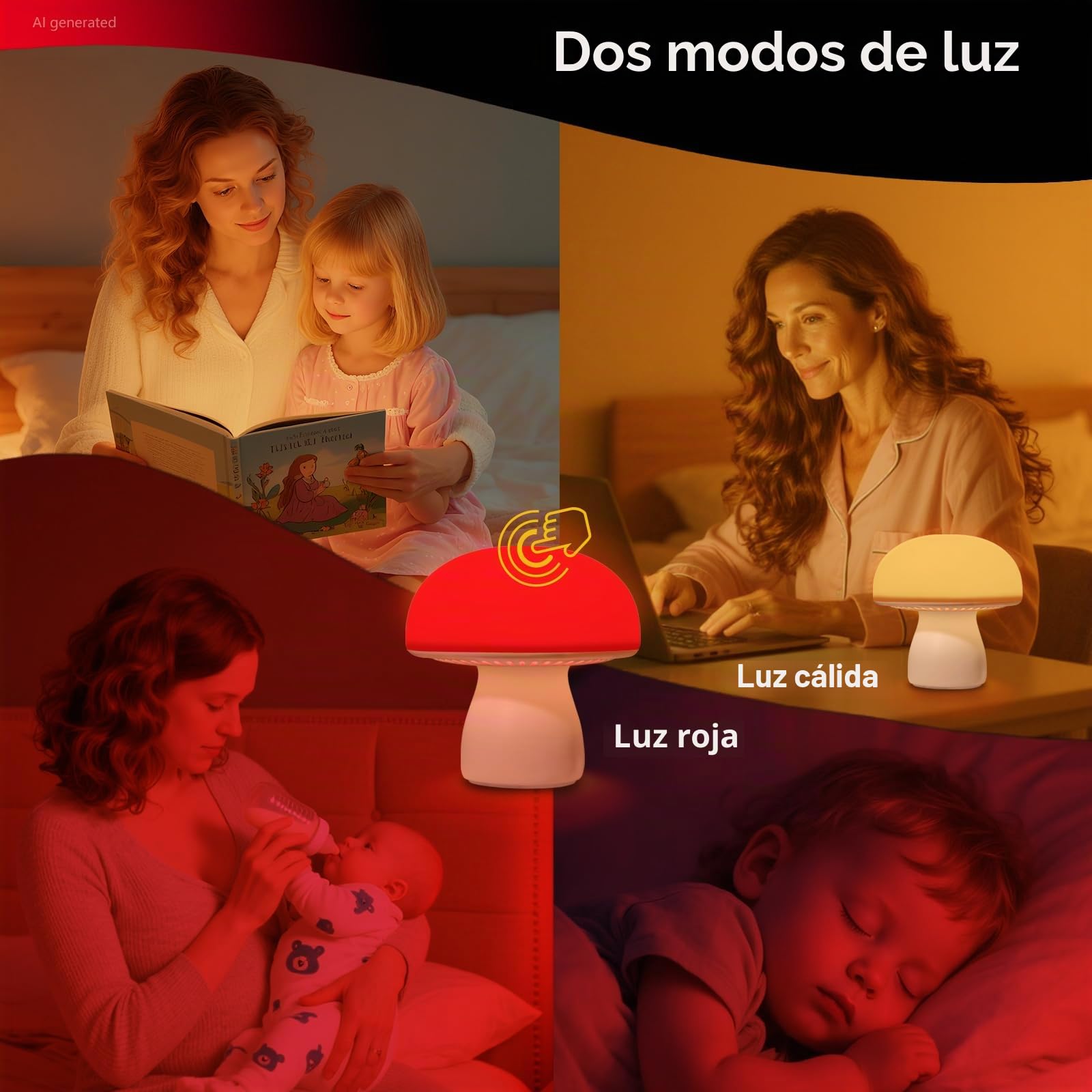 Luz nocturna roja, lámpara de hongo para dormir y relajarse, luz roja regulable de 630 nm con temporizador, control táctil para dormitorio, guardería, yoga, promueve la melatonina