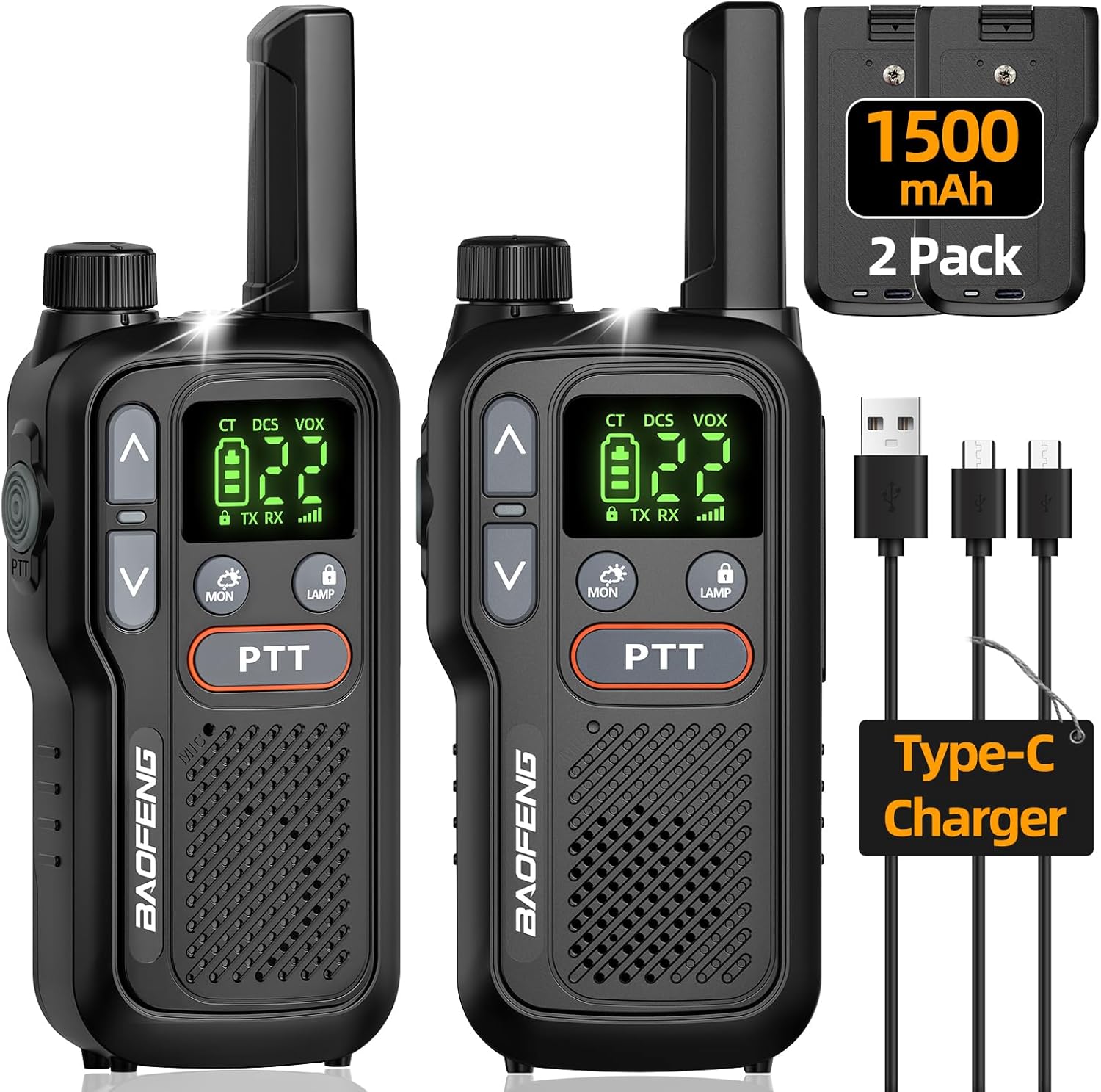 Walkie Talkies Long Range for Adults, Rechargeable Walkie Talkie FRS Two Way Radio with 1500mAh Li-ion Battery USB-C Charger NOAA Weather Radio VOX Walky Talky for Hiking Cruises Camping (2Pack)