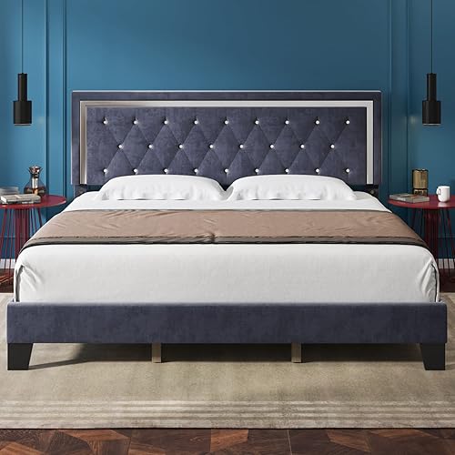 HITHOS Base de cama King, plataforma tapizada con cabecera ajustable moderna, base de colchón con soporte de listones de madera, no necesita somier,
