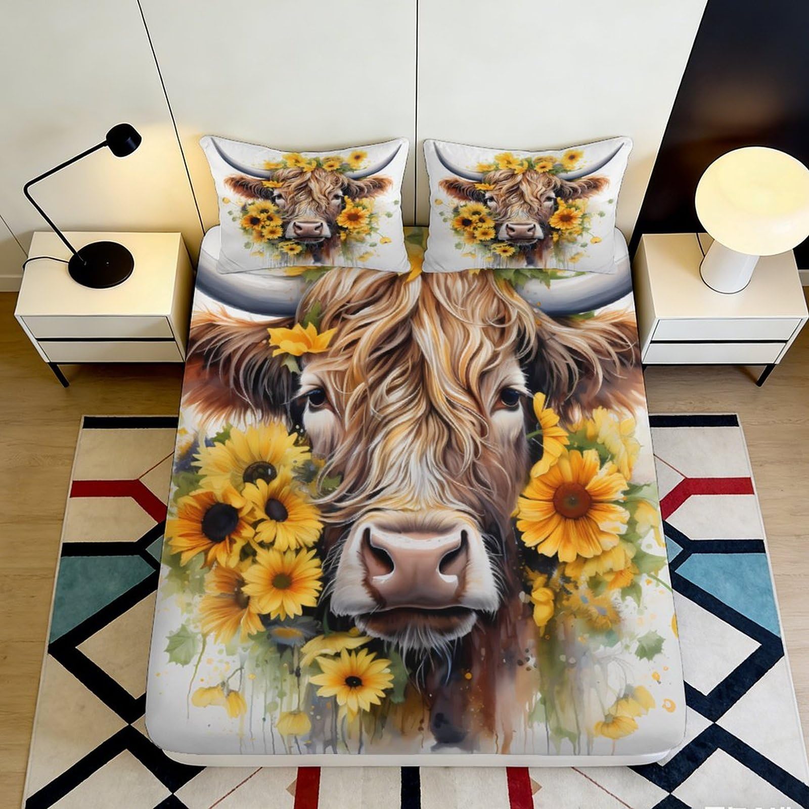 3D Printed Highland Cow Sunflower Fitted Sheet Microfiber Soft Breathable Farmhouse Mattress Cover for Bedroom Dorm Mattress Protection Decor 90x200x25cm