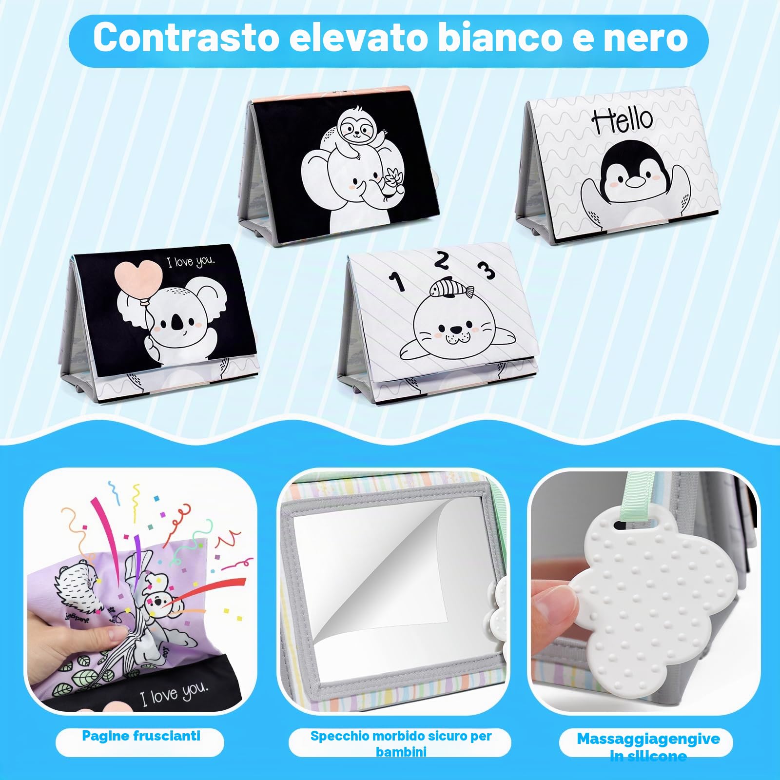 Dr.Rapeti Specchio per Bambini Giochi Sensoriali in Bianco e Nero Specchio per Neonato Giocattolo mit Libri di Stoffa