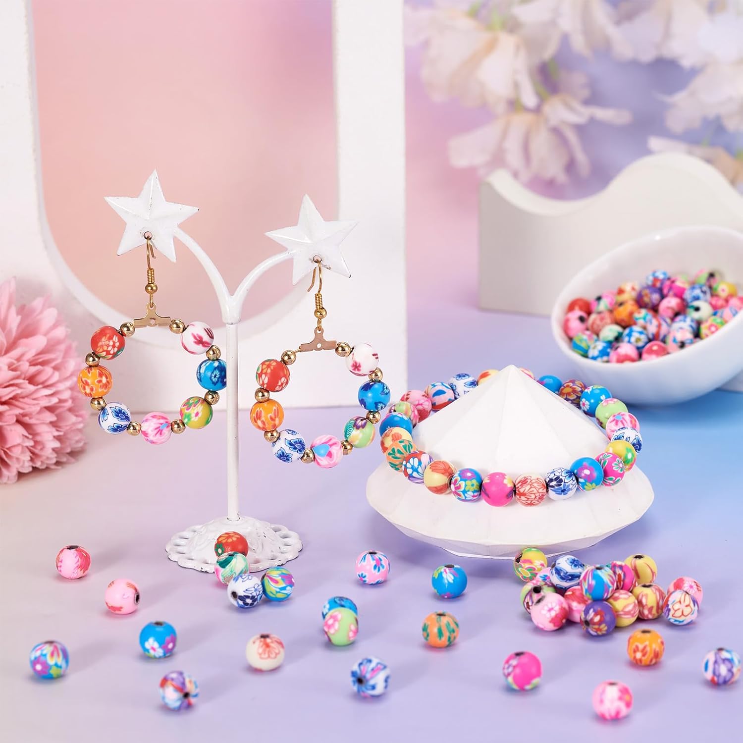 Pandahall 200pcs 0.3 Inch Assorted Colorful Polymer Clay Round Beads Bubblegum Ball Beads Charms Flower Printed for Jewelry Makings 8mm| 5/16 Inch - Image 3