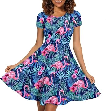 ENLACHIC Womens Cute Animal Printed Dress Short Sleeve A Line Flowy Swing Casaul Party Dress
